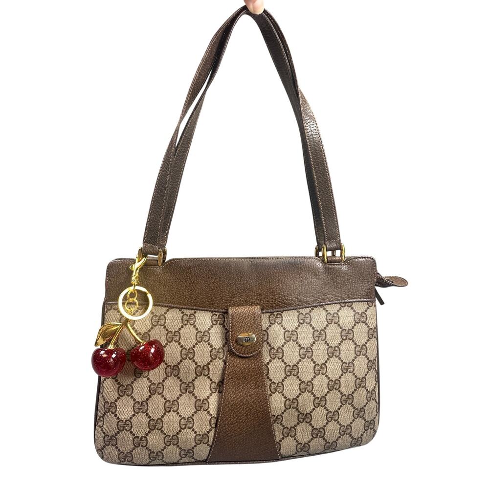 Gucci GG Supreme Monogram Canvas Brown Leather Satchel Bag Vintage